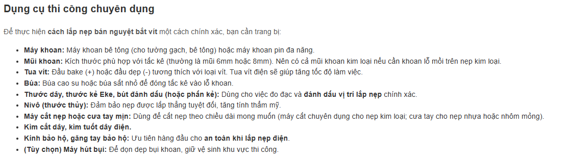 Các dụng cụ cần thiết để lắp đặt nẹp bán nguyệt bắt vít gồm máy khoan, tua vít, búa, thước